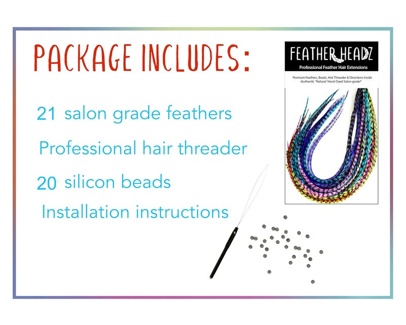 Feather Headz 21 Rainbow Grizzly Color Hair Extensions – 9”–14” Long – DIY Rooster Kit with 20 Micro-Link Beads – 100% Real Feathers – Eye-Catching Boho Style - Image 2
